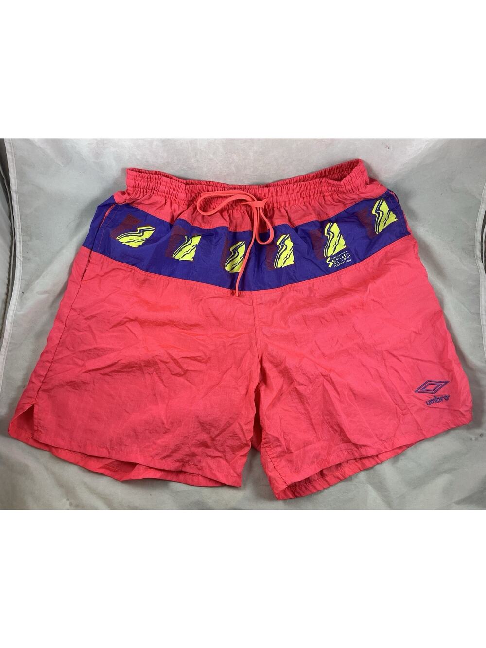 Umbro Nylon Soccer Beach Shorts Size L Pink Purple Green Colorblock Vintage 90s